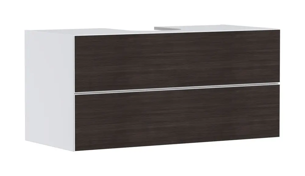 Weißer Waschtischunterschrank mit zwei Schubkästen und braunen Holzoptik-Fronten. Ideal für die Kombination mit Hansgrohe Aufsatzwaschtisch.